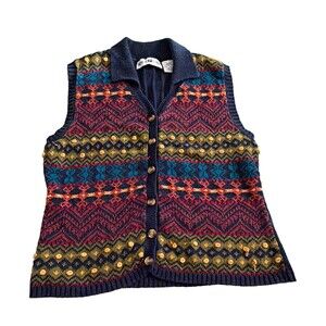 White Stag Women Fair Isle Collared Button-Front Sweater Vest Ramie/Cotton L